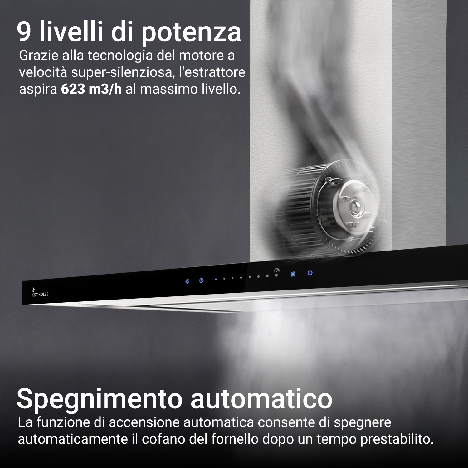 Una cappa da cucina moderna con motore visibile e grafica di fumo, che evidenzia i livelli di potenza.