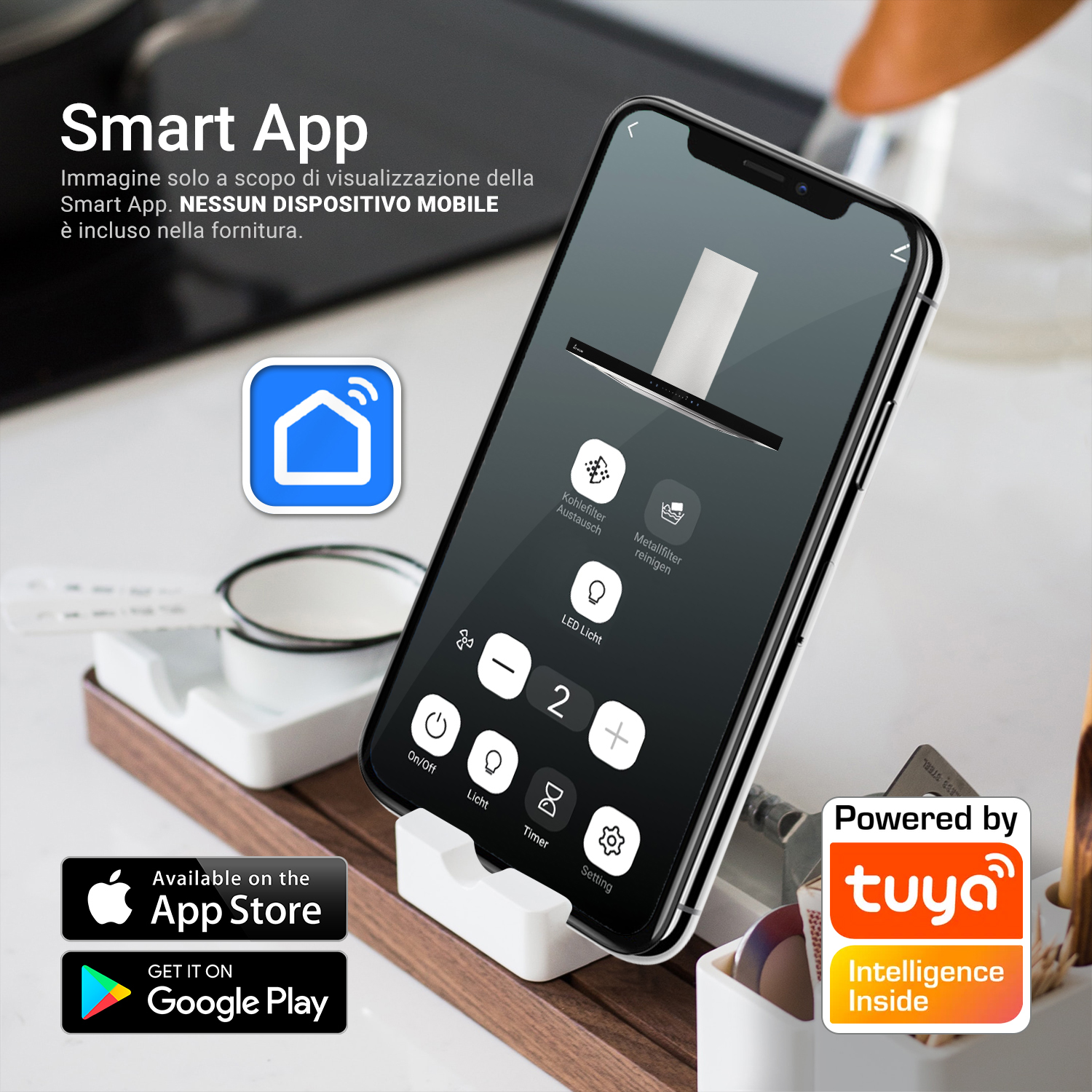Smartphone con app smart home per controllare una cappa da cucina.
