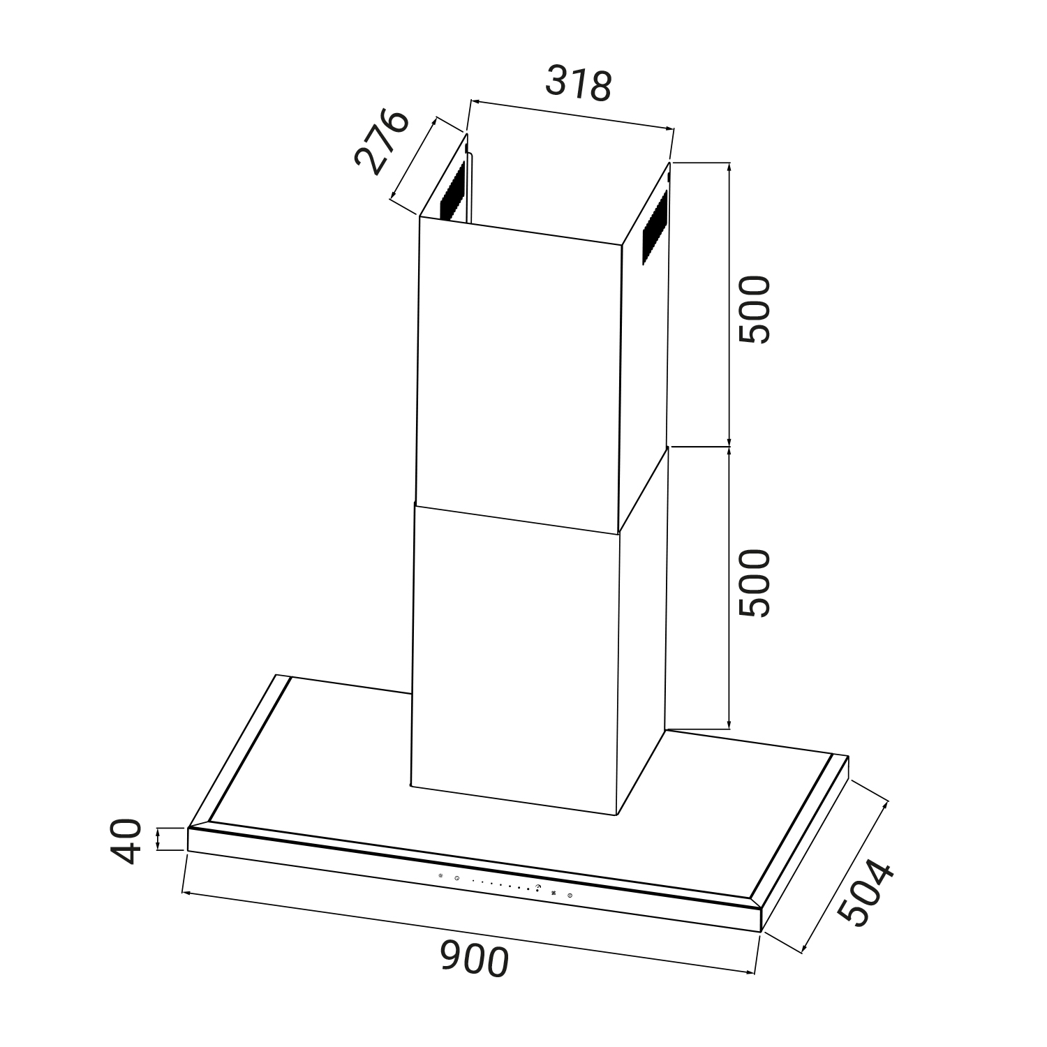 Disegno tecnico di una moderna cappa da cucina con dimensioni in mm.