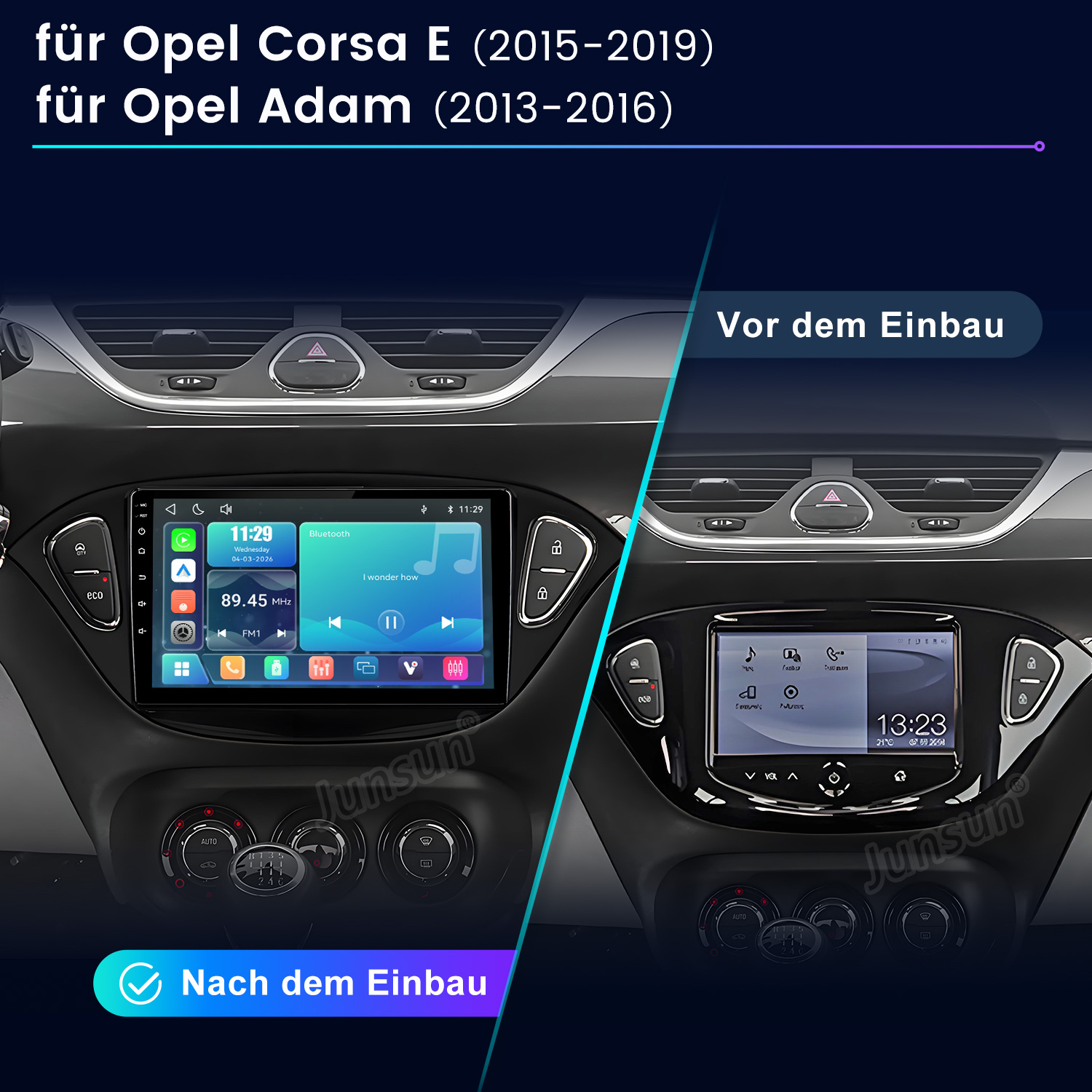 Vergleich eines Armaturenbretts vor und nach dem Einbau eines neuen Multimedia-Displays.