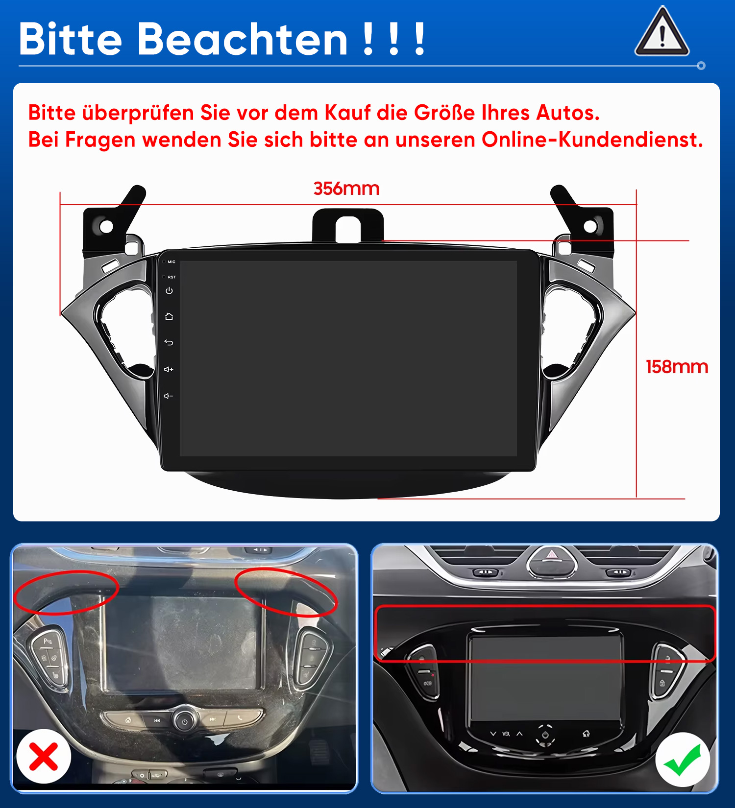 Diagramm zeigt die Maße einer Autoradio-Blende mit 356mm Breite und 158mm Höhe.