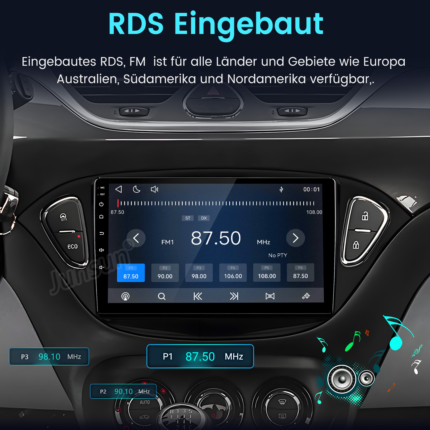 Autoradio mit integriertem RDS und FM im Armaturenbrett.
