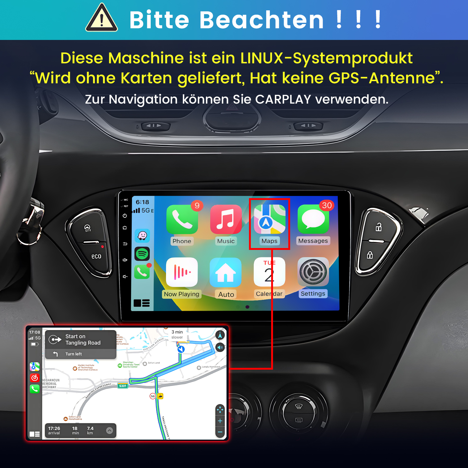 Linux-Car-Display mit App-Icons und integrierter Karten-Navigation.