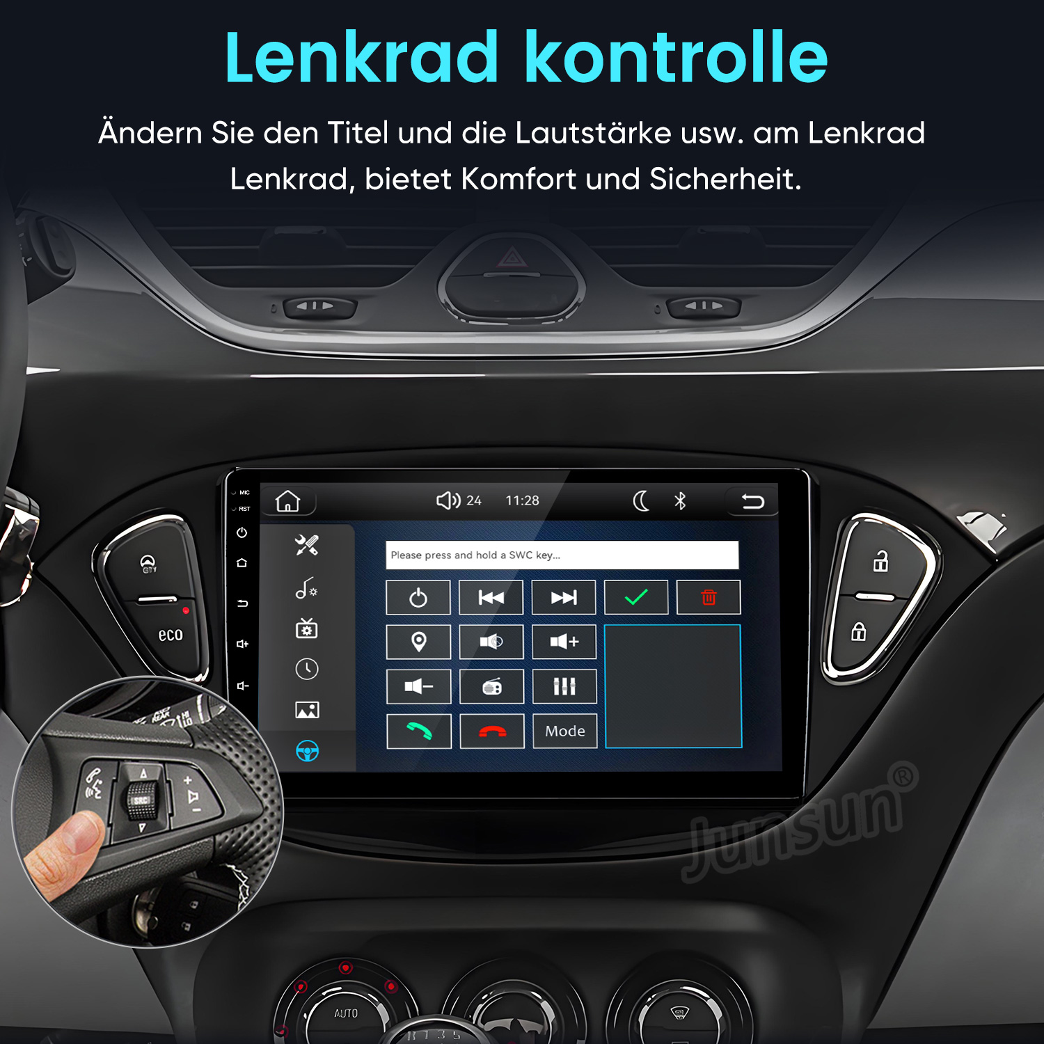 Autobildschirm mit Lenkradsteuerungseinstellungen und einem Inset-Bild der Lenkradtasten.