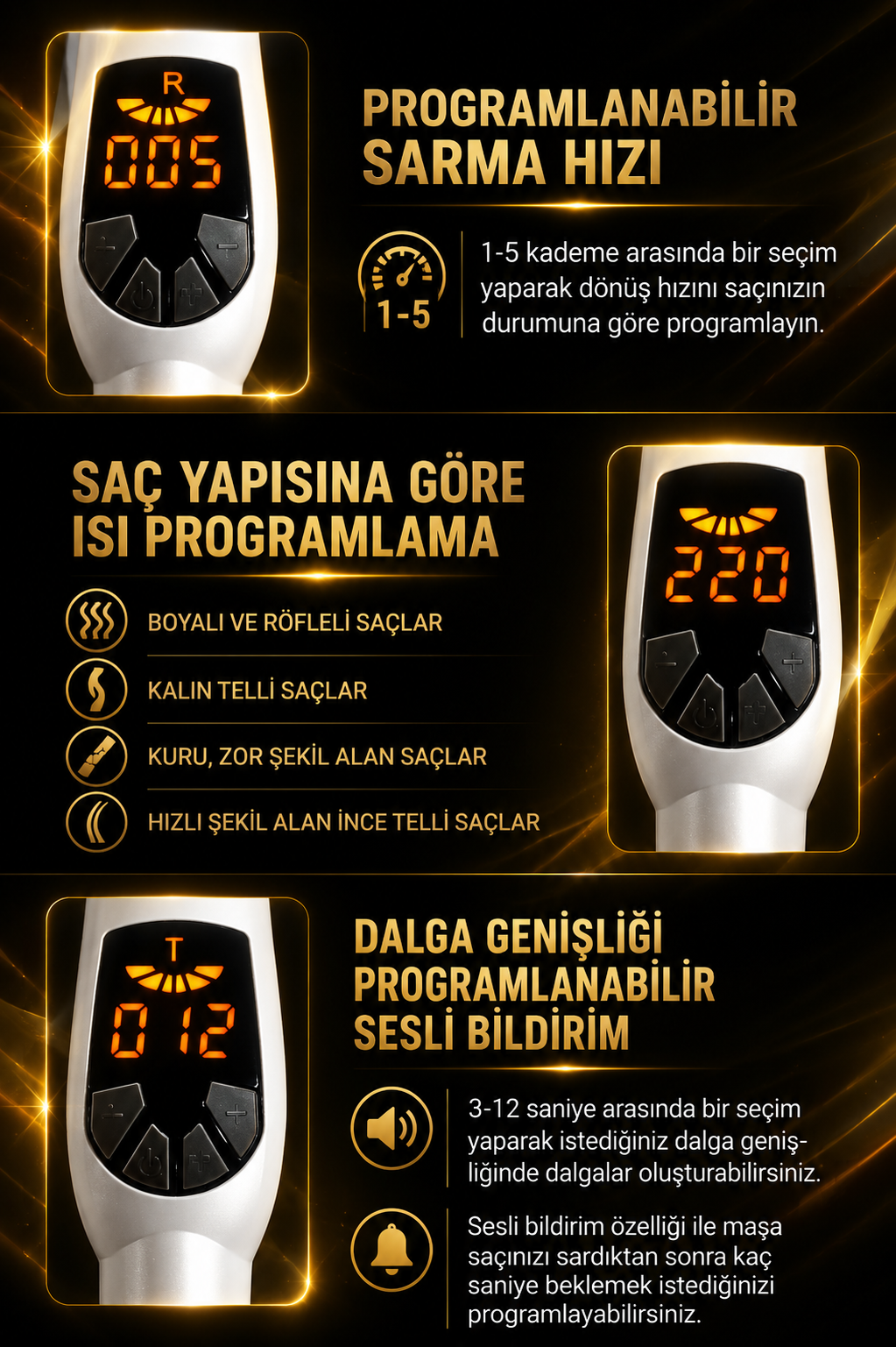 Saç maşasının hız, sıcaklık ayarı ve sesli bildirim özelliklerini gösteren afiş.