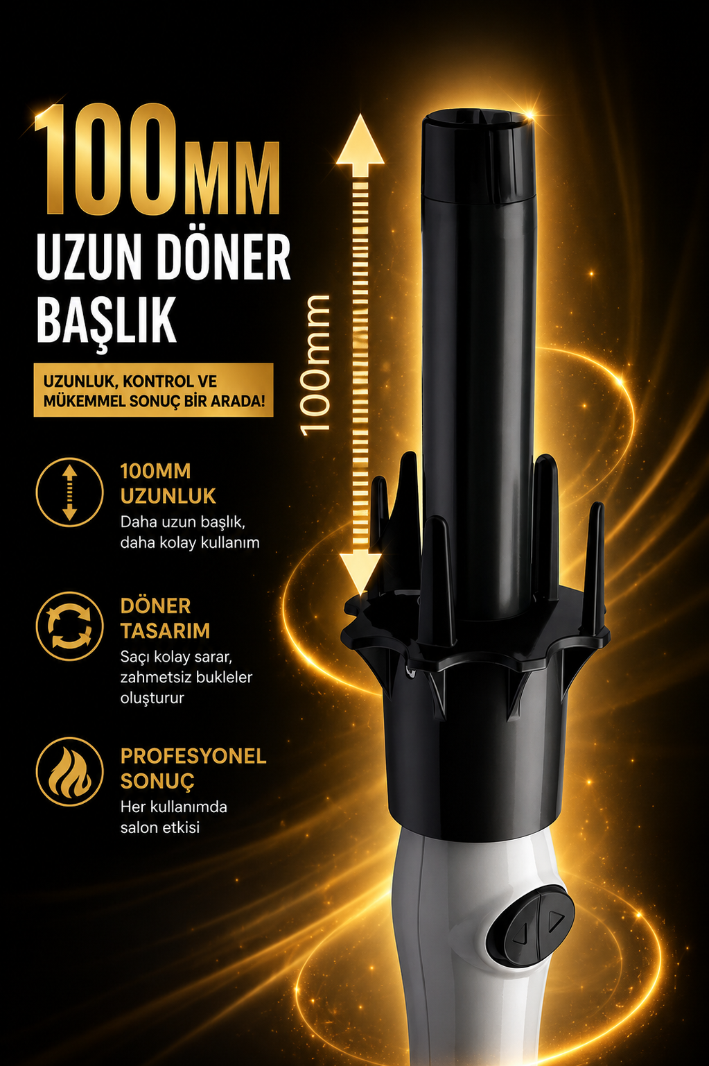 Koyu arka plan üzerinde altın renkli grafikler ve 100 mm döner başlıklı saç maşası reklamı.