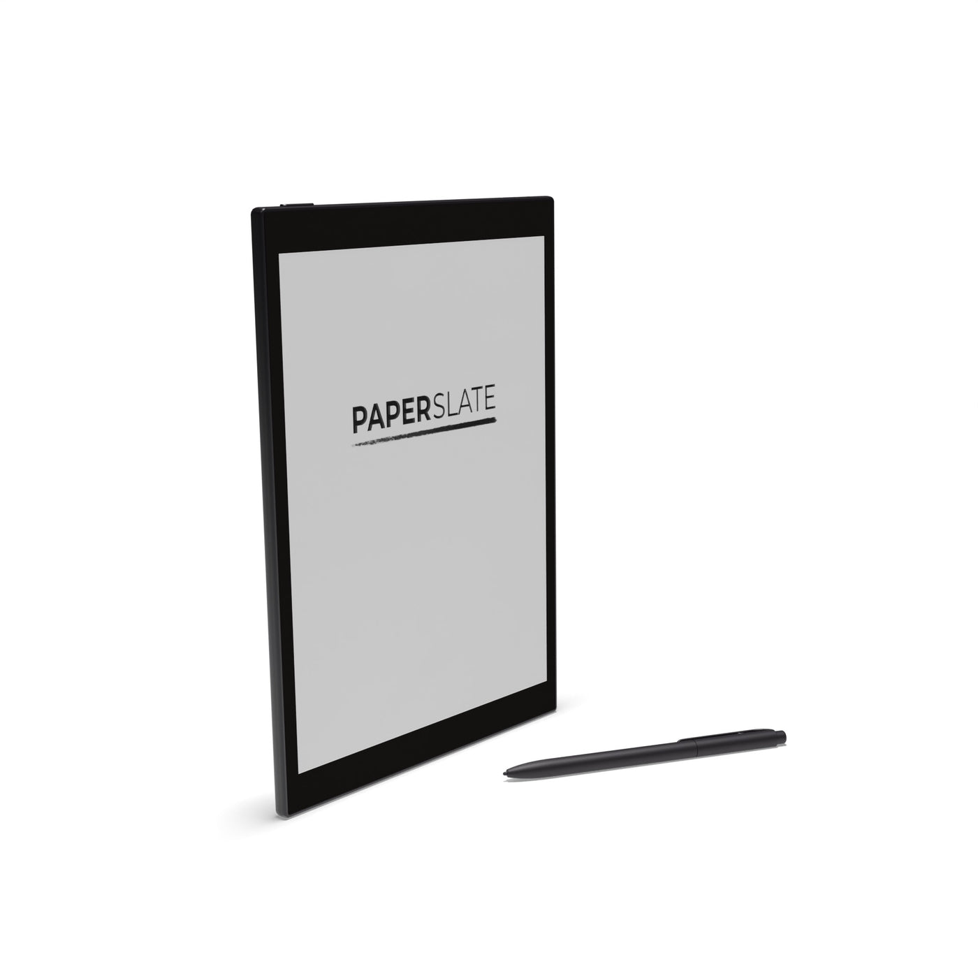 Una tableta de papel electrónico negra con el texto PAPERSLATE y un lápiz negro a juego sobre un fondo blanco.