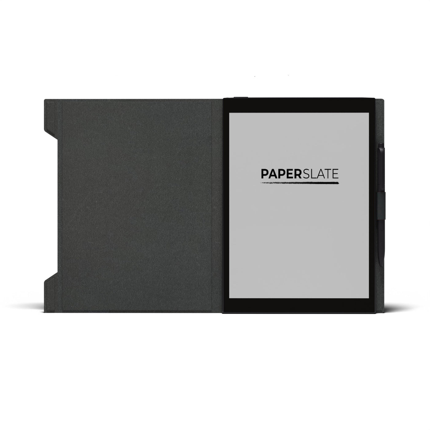Un lector electrónico Paperslate negro en una funda con lápiz sobre fondo blanco.