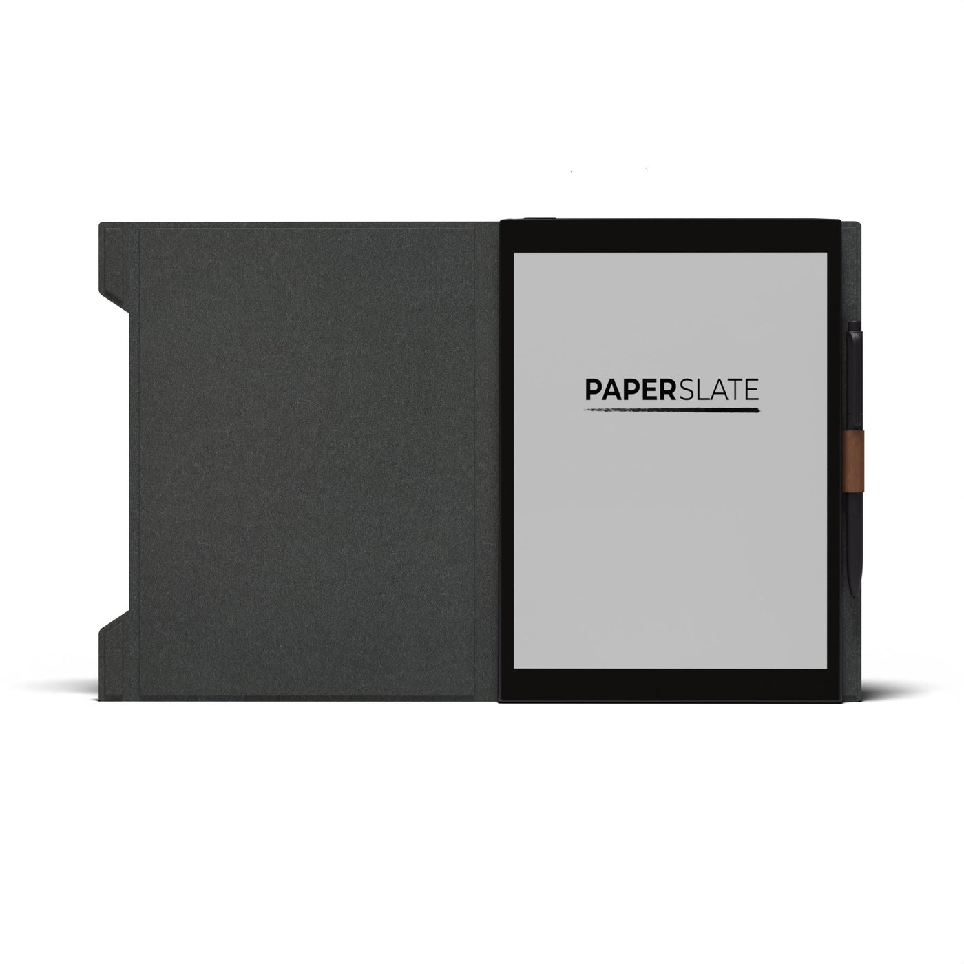 Un lector de libros electrónicos gris Paperslate con funda y un lápiz en el lateral sobre fondo blanco.