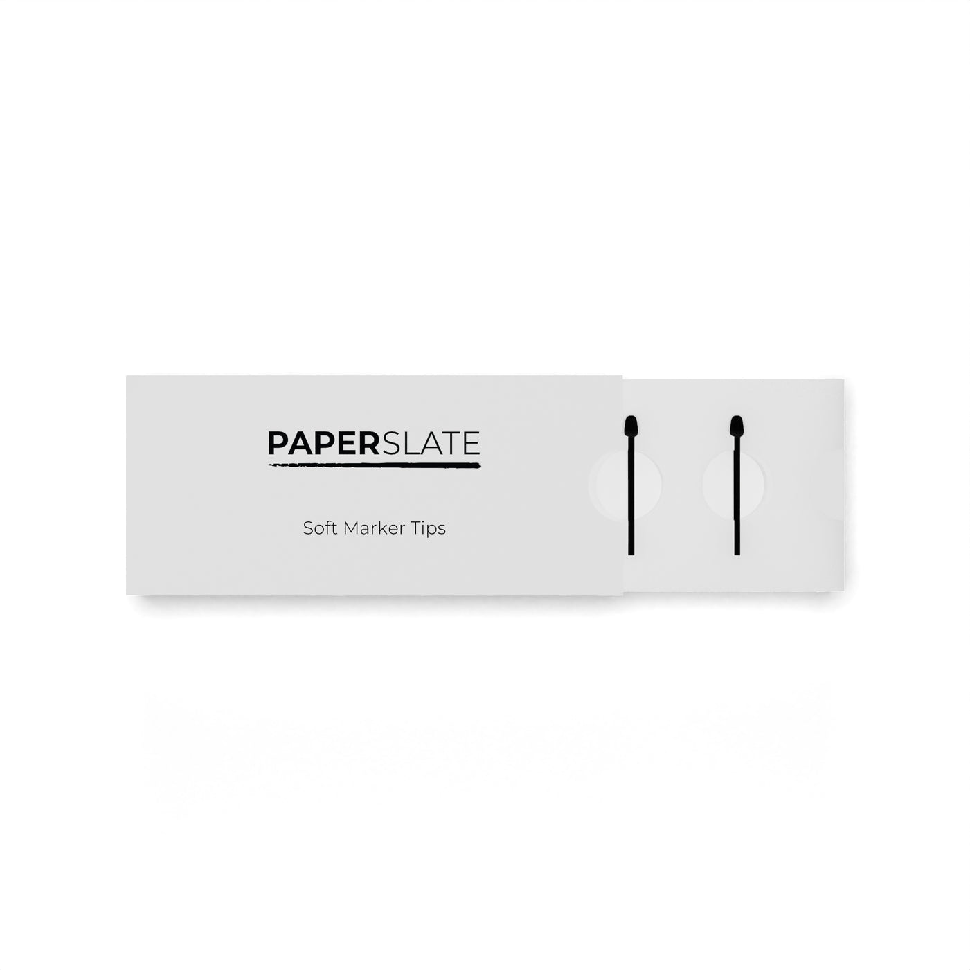 Una caja blanca etiquetada como PAPERSLATE Soft Marker Tips muestra dos puntas de rotulador suaves.