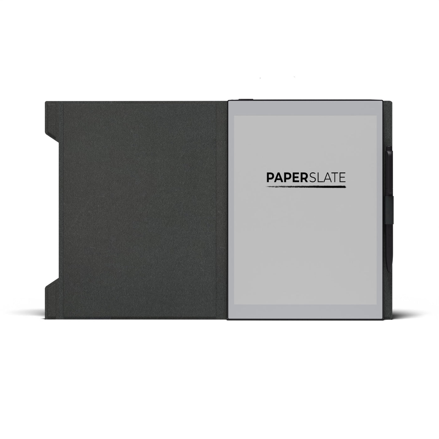 Una tableta Paperslate negra con lápiz óptico adjunto sobre fondo blanco, parcialmente abierta en su funda.