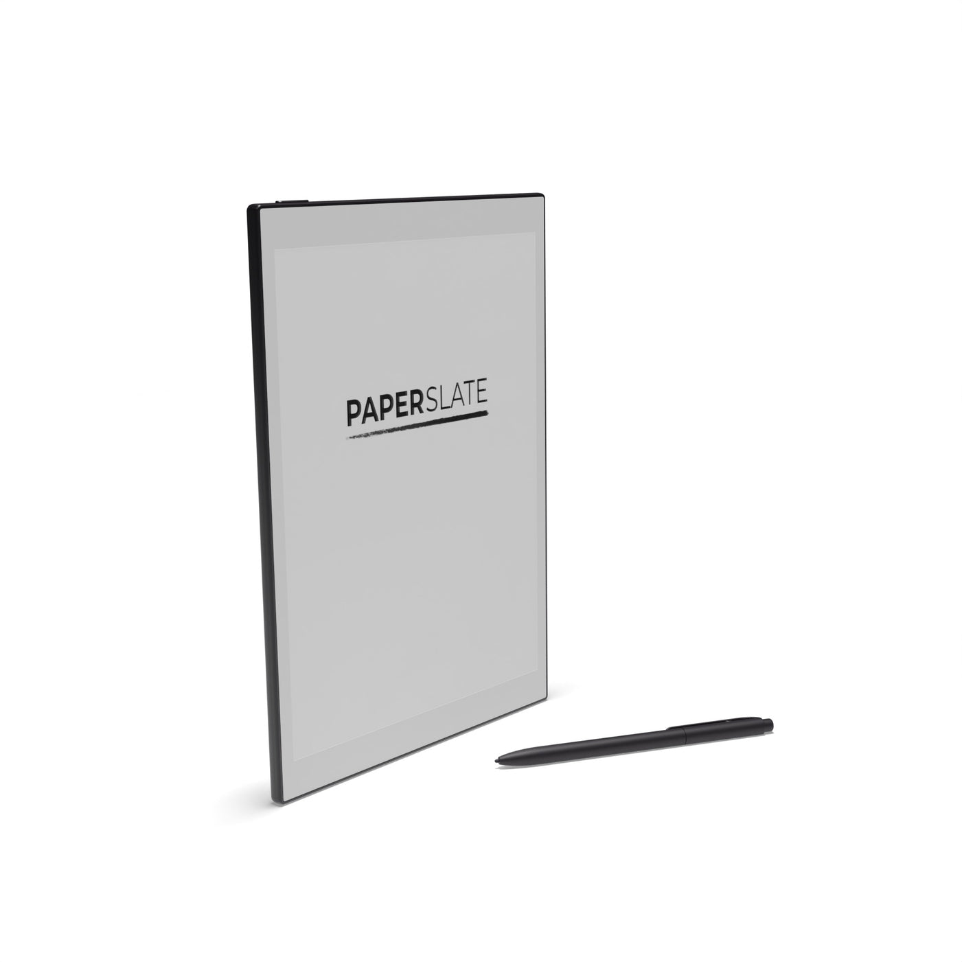 Una tableta de lectura electrónica PAPERSLATE delgada se yergue con un lápiz negro al frente sobre fondo blanco.