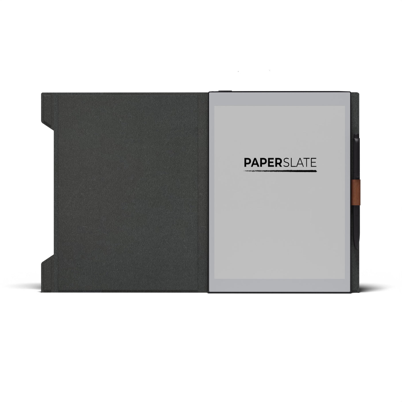 Un lector electrónico Paper Slate negro con la funda abierta, mostrando la marca y un bolígrafo al lado.