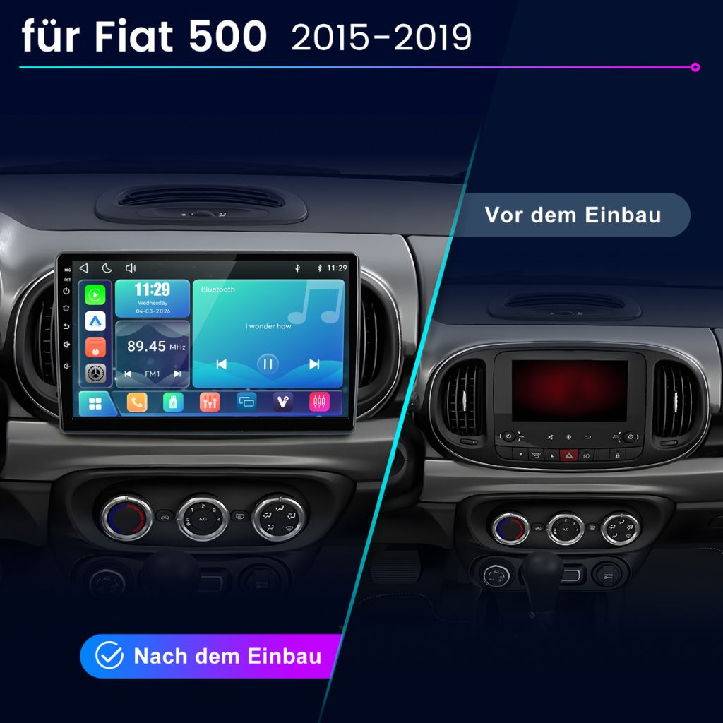 Vergleich der Fiat 500 Konsole vor und nach dem Einbau eines neuen Android-Autoradios.
