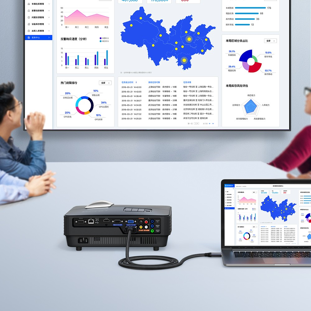 Laptop collegato a un proiettore che mostra statistiche su un grande schermo.