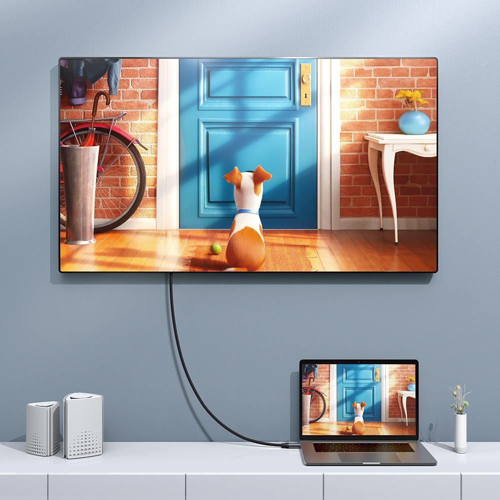 Un laptop è collegato tramite un cavo nero a una grande TV a muro che mostra un cane davanti a una porta blu.