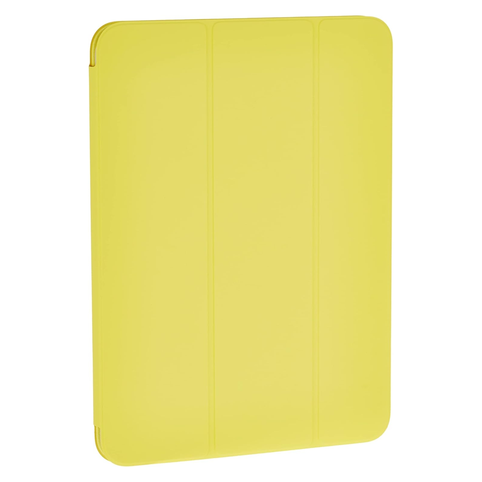 Una custodia per tablet gialla chiusa con design a tre ante su sfondo bianco.
