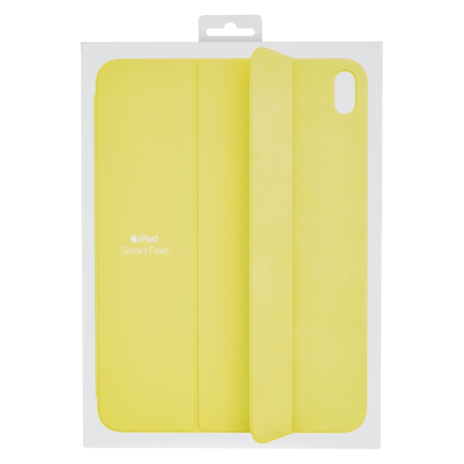 Una custodia iPad Smart Folio giallo chiaro nella sua confezione bianca.
