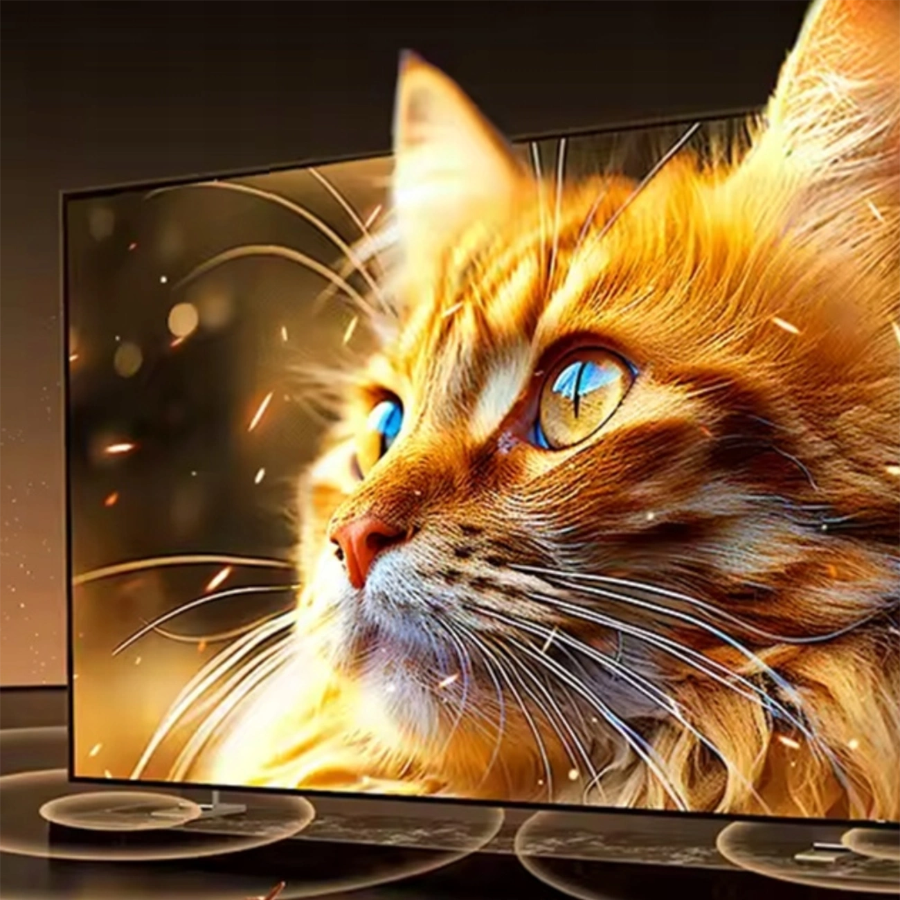 Un televisore mostra la testa di un gatto arancione con grandi occhi e lunghi baffi.