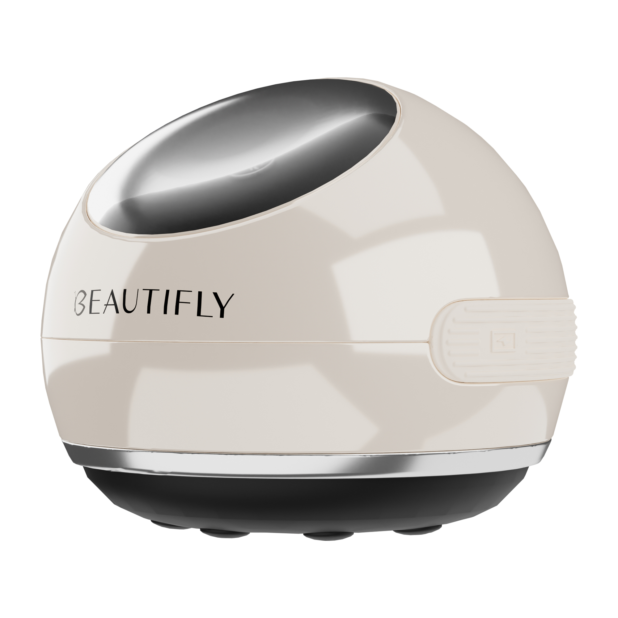 Un dispositivo viso Beautifly rotondo beige con parte superiore argentata e base nera su sfondo bianco.