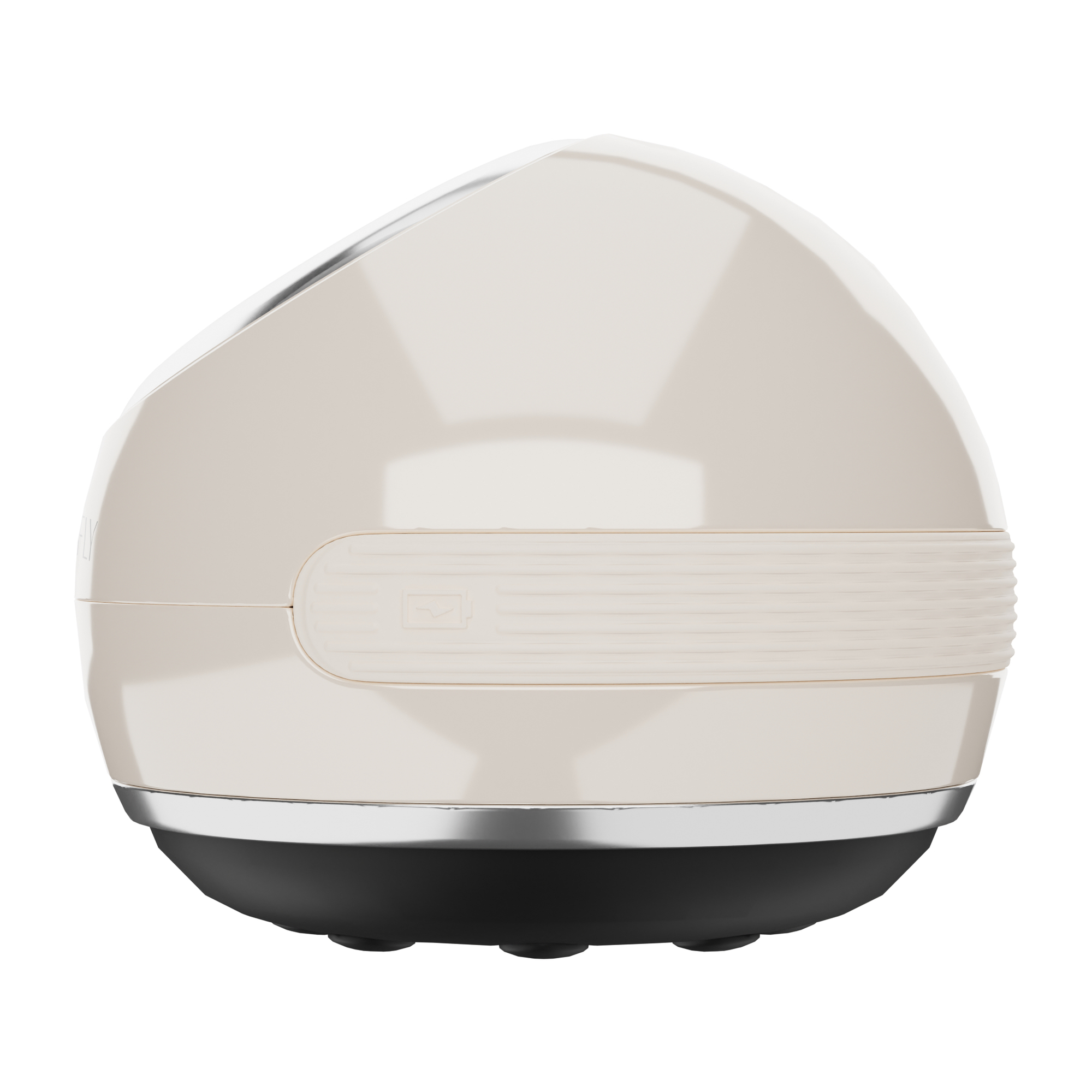 Dispositivo elettronico curvo beige con impugnatura scanalata e base nera, isolato su sfondo bianco.