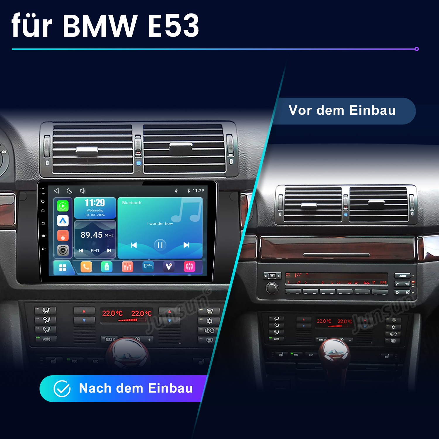 Vergleich eines BMW E53 Cockpits vor und nach dem Einbau eines modernen Touchscreen-Autoradios.