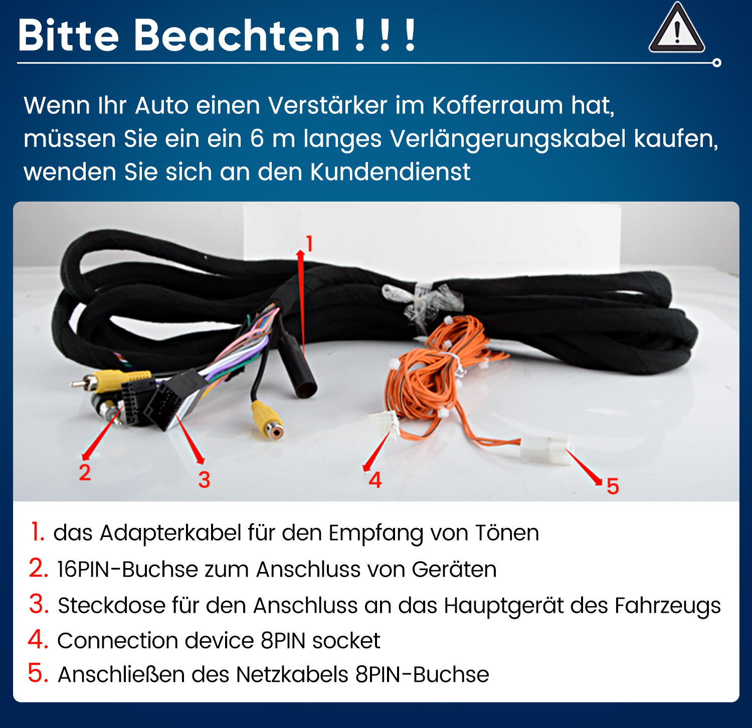 Ein schwarzer Autoradio-Kabelbaum mit nummerierten Teilen und deutscher Beschriftung oben und unten.