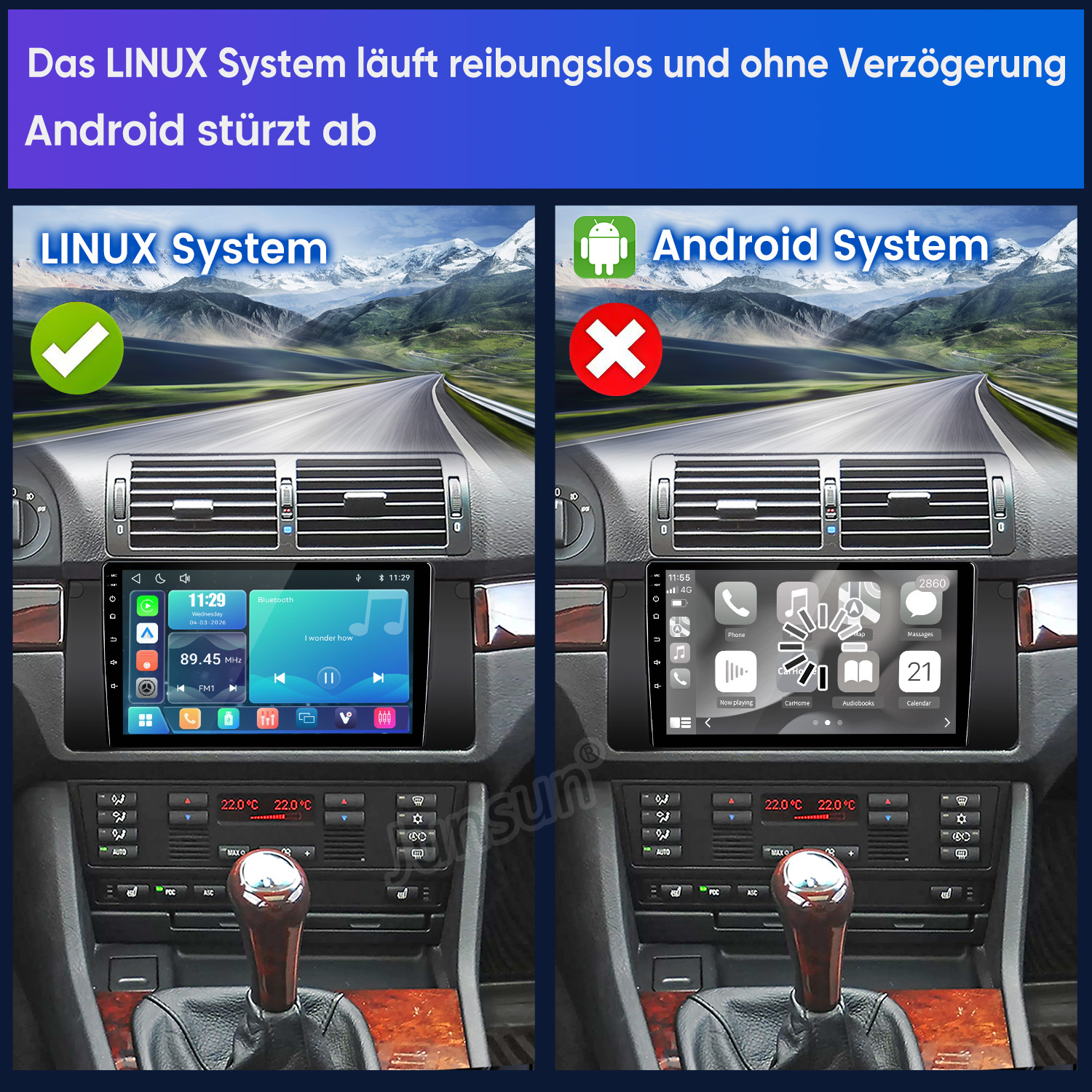 Vergleich zweier Auto-Displays: Linux läuft reibungslos, Android stürzt ab.