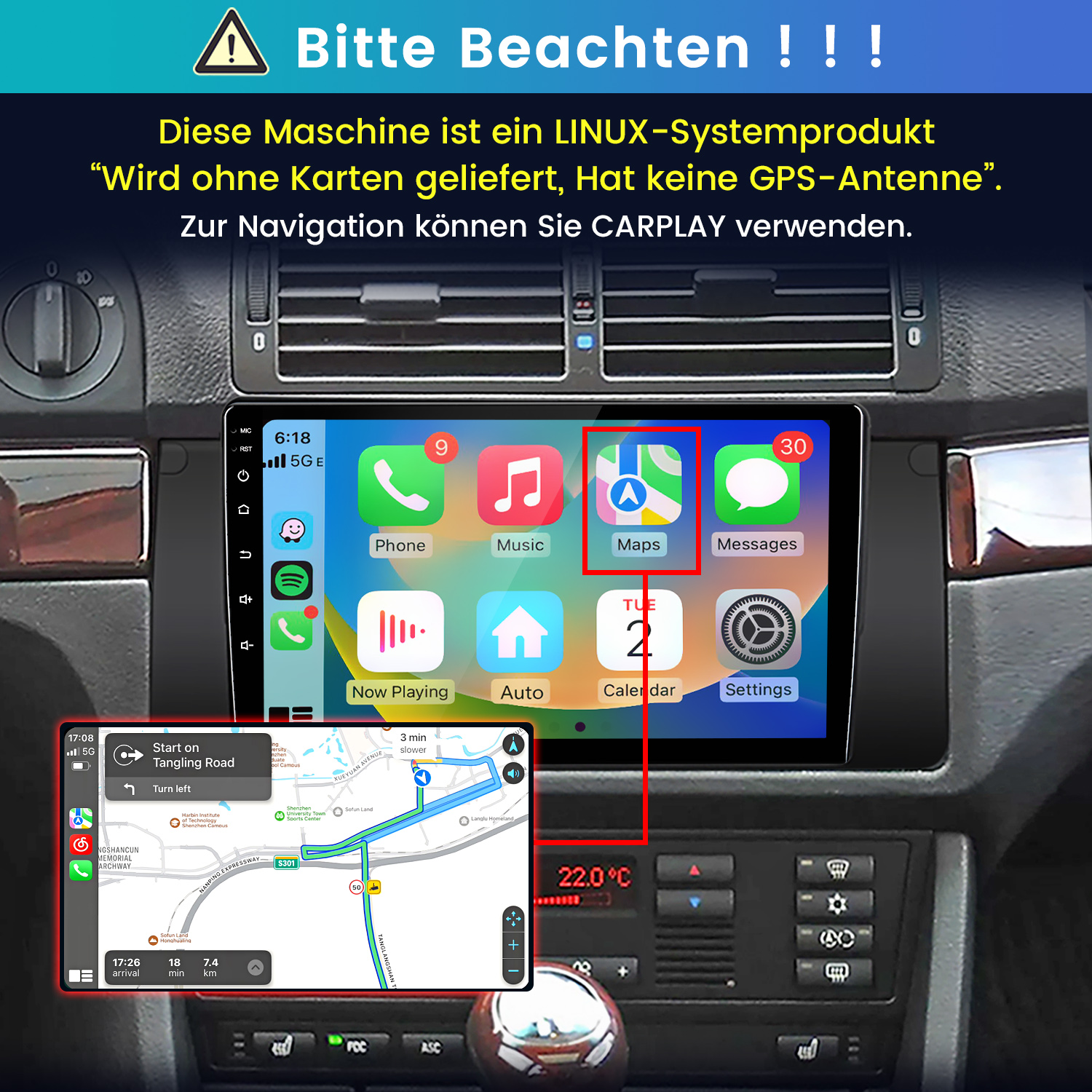 Linux-Autoradio mit CarPlay-Navigation im Armaturenbrett eines Autos installiert.