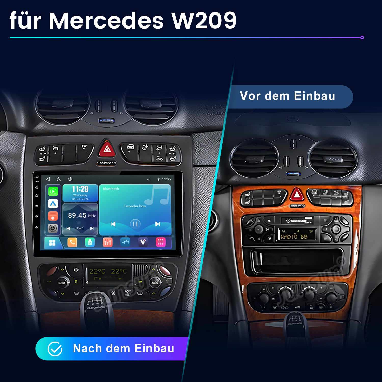 Vergleich eines Mercedes W209 Interieurs vor und nach dem Einbau eines neuen Navigationssystems.