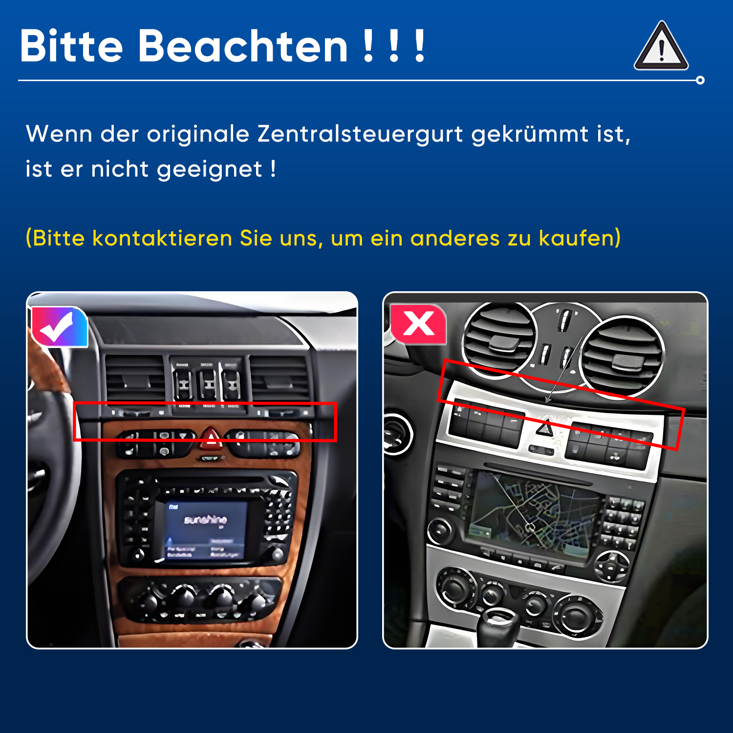 Grafik vergleicht ein gerades (korrektes) und ein gekrümmtes (inkorrektes) Armaturenbrett-Bedienteil.