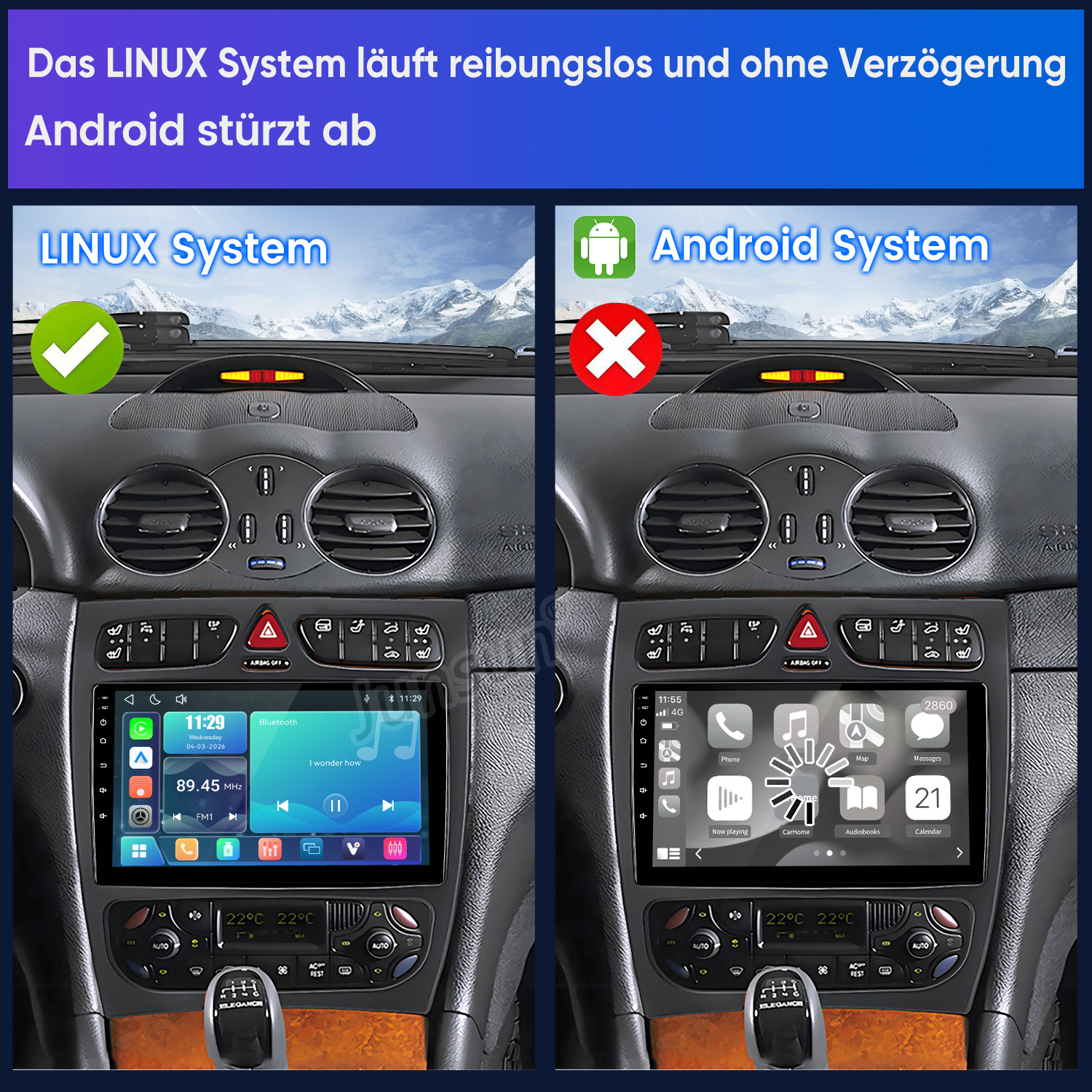 Vergleich von Linux und Android Auto-Systemen auf Armaturenbrettern mit Bergen im Hintergrund.