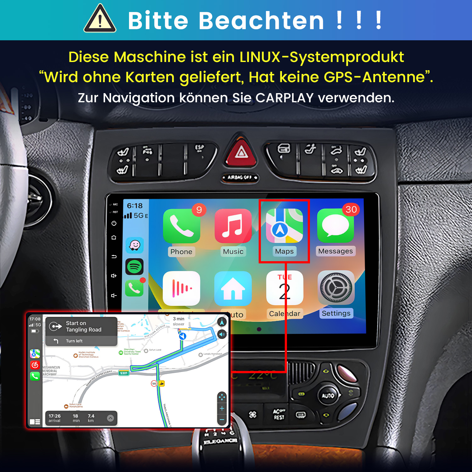 Ein Auto-Armaturenbrett mit einem Linux-basierten Infotainment-Bildschirm, der CarPlay-Symbole und eine Karte anzeigt.