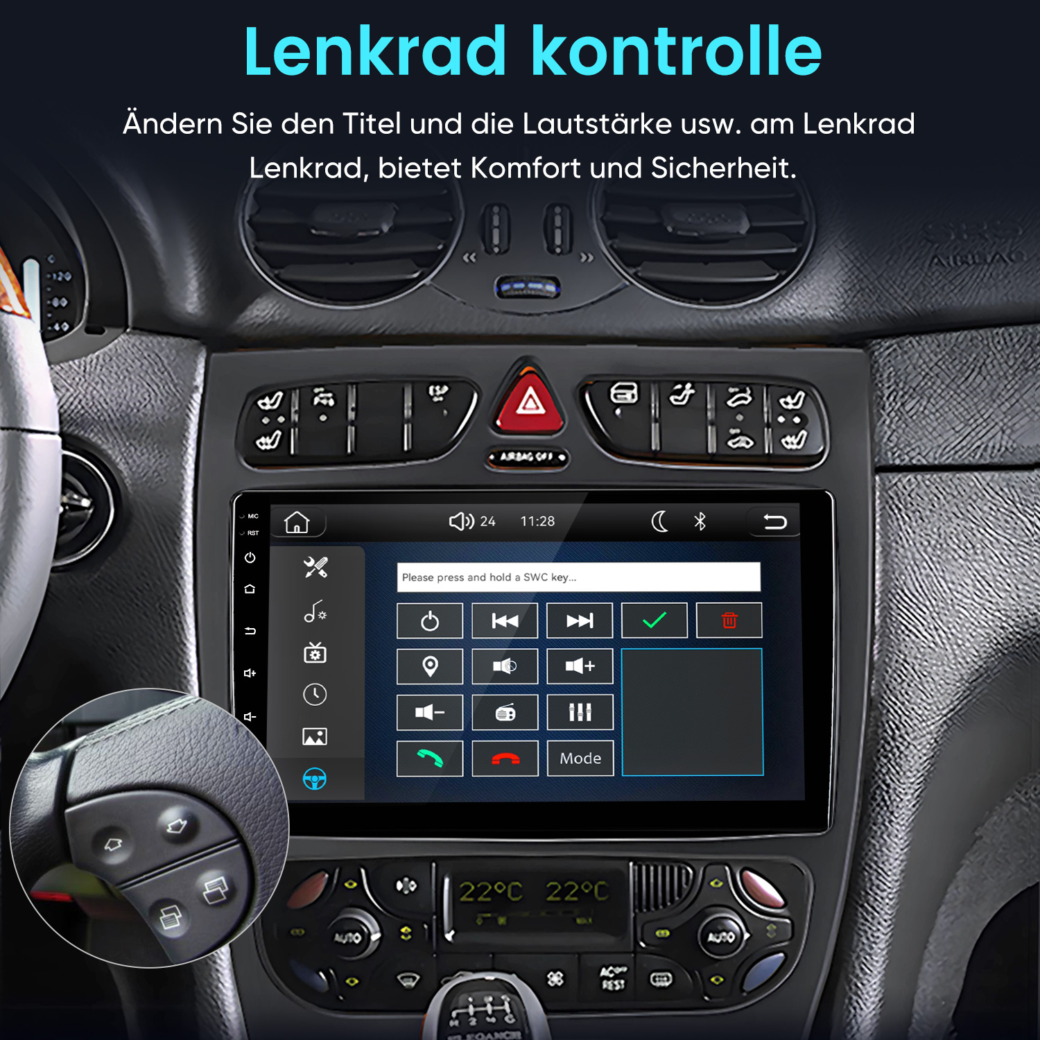 Autobarmaturenbrett mit Touchscreen für Lenkradsteuerung und inset-Lenkradansicht.