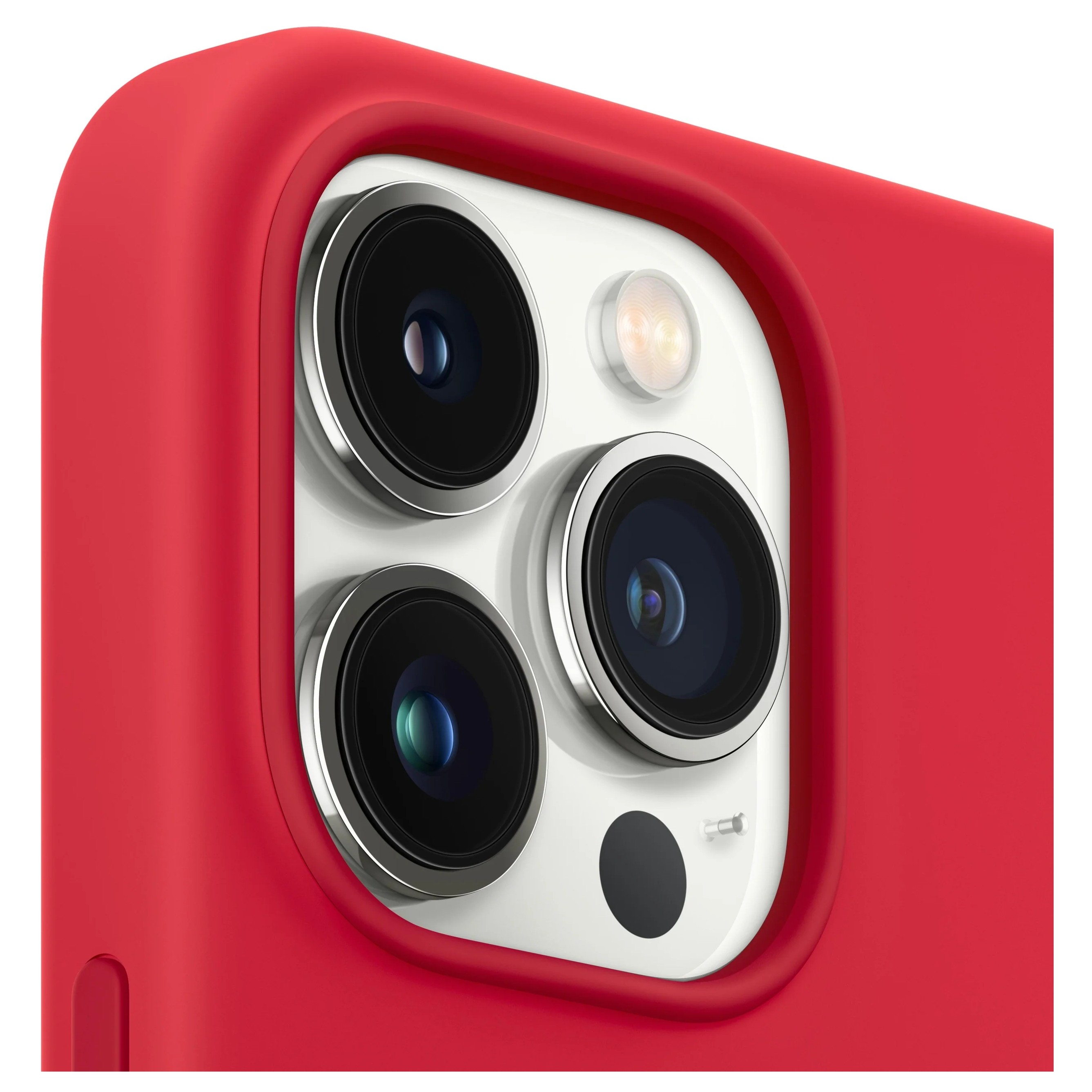 Retro di un iPhone in custodia di silicone rossa con tre obiettivi.