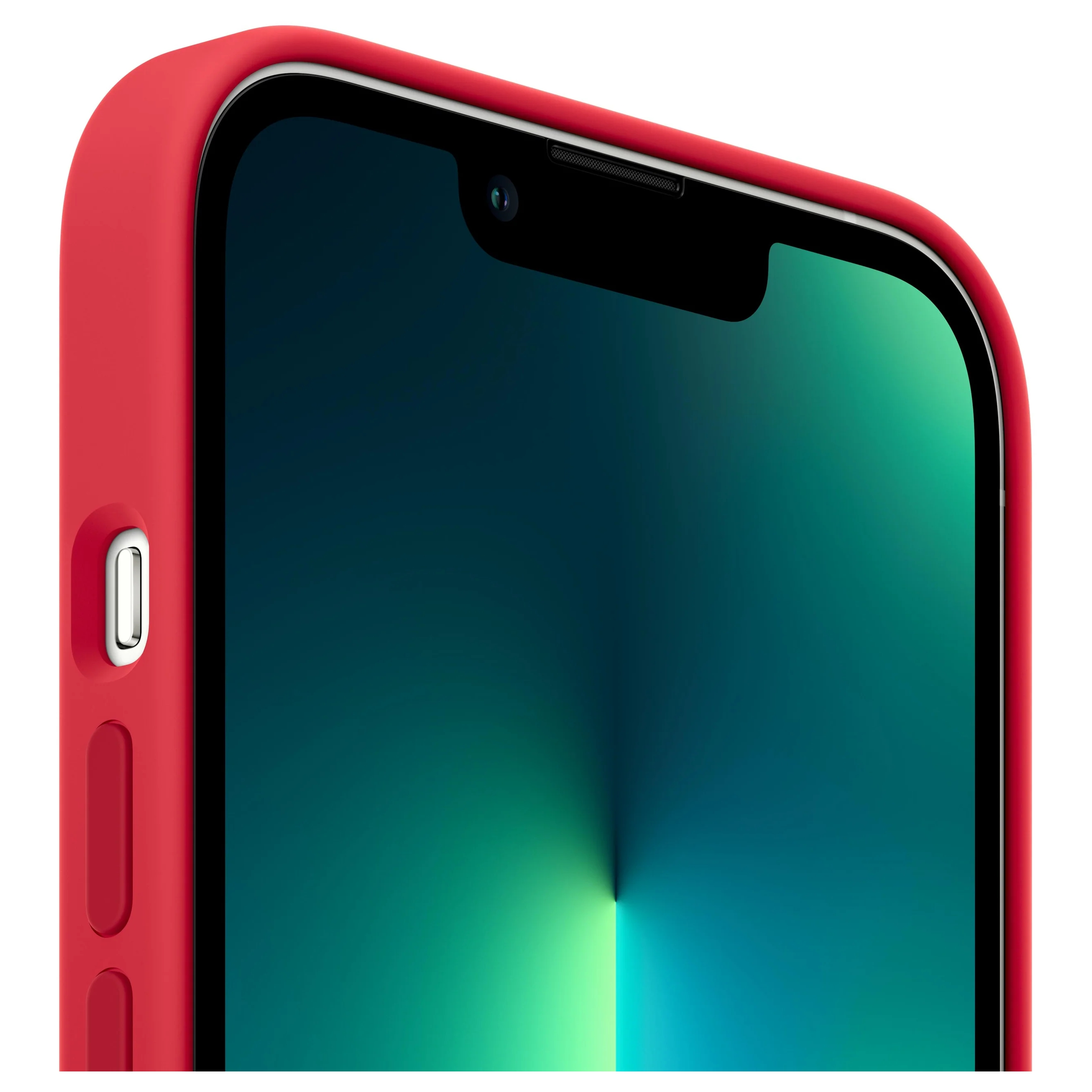 Primo piano di uno smartphone con cover rossa e schermo verde sfumato.