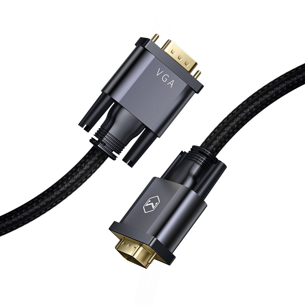 Un cavo VGA nero con connettori placcati in oro e rivestimento intrecciato.