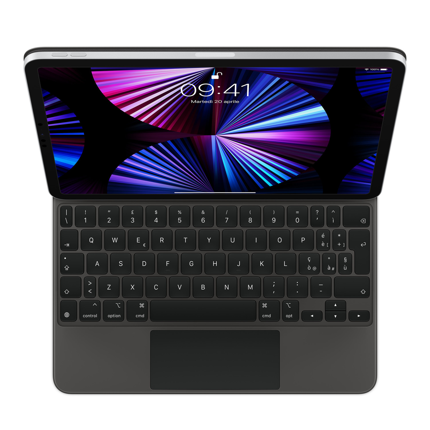 Vista dall'alto di un tablet collegato a una tastiera con display colorato.