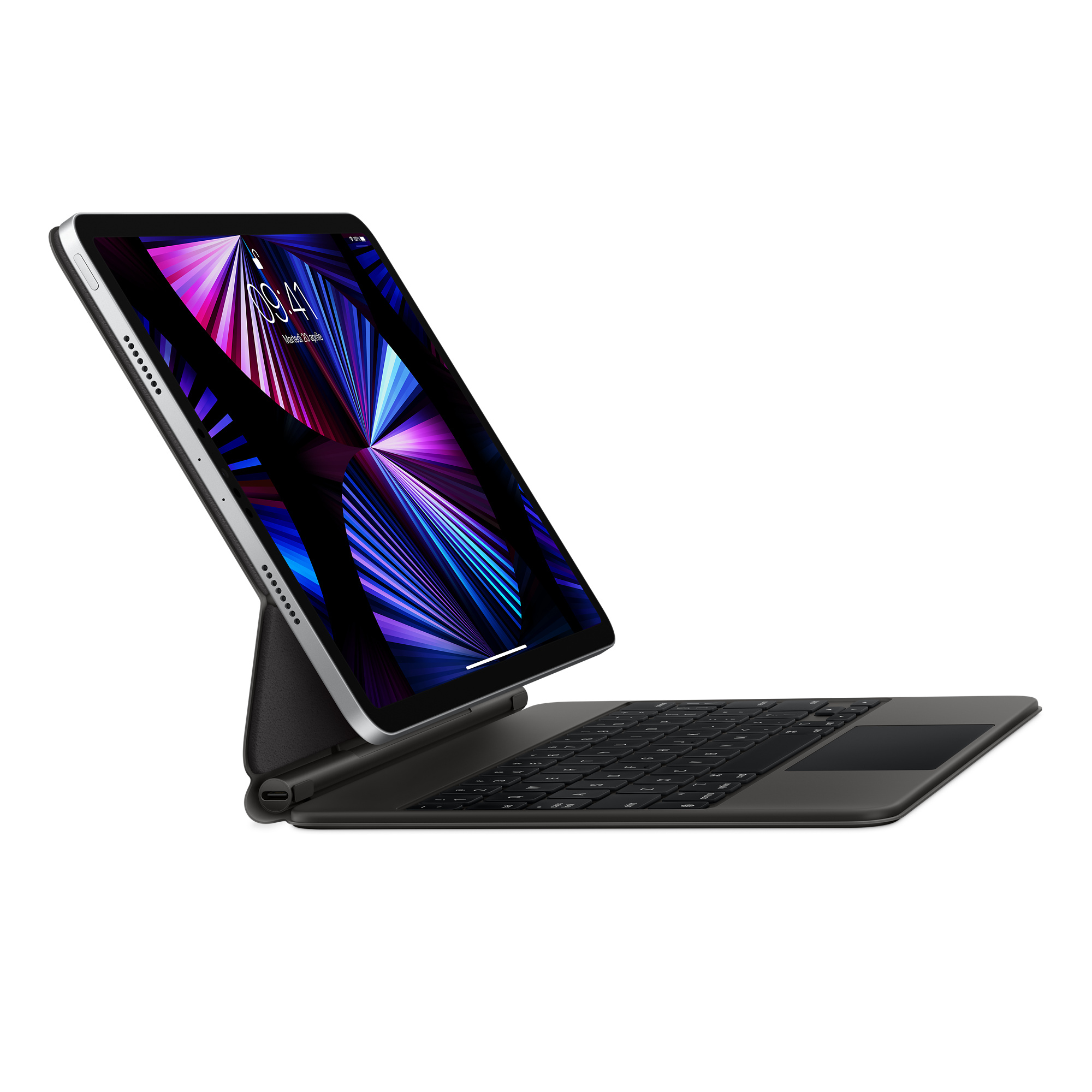 Un tablet argentato collegato a una Magic Keyboard nera con uno sfondo astratto.