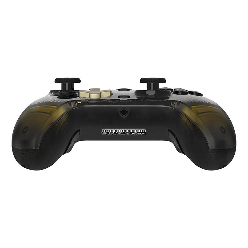 Controller di gioco nero trasparente con D-pad dorato e due levette su sfondo bianco.