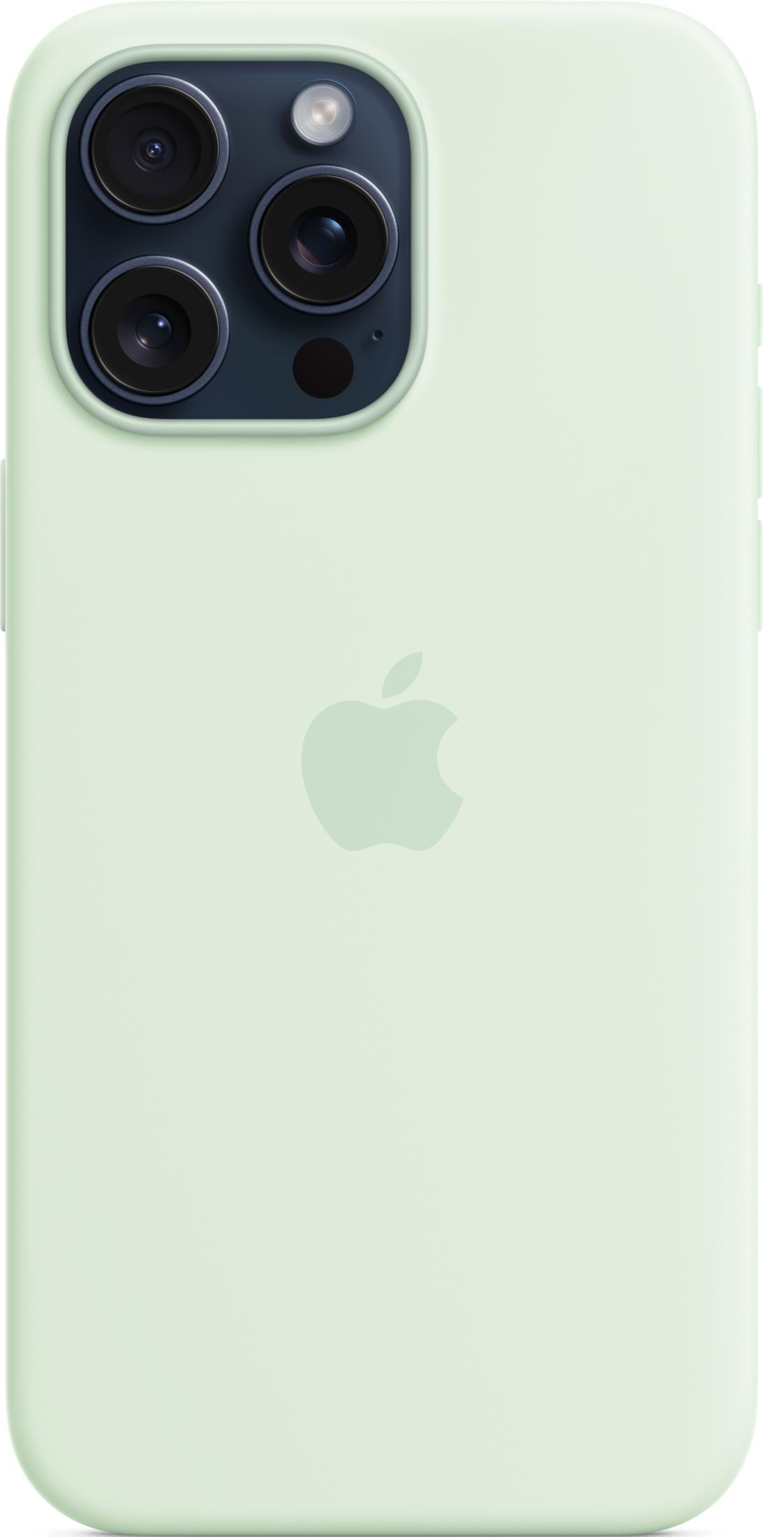 Hellgrüne Smartphone-Hülle mit Apple-Logo und dunklem Dreifachkamera-Ausschnitt in der oberen linken Ecke.