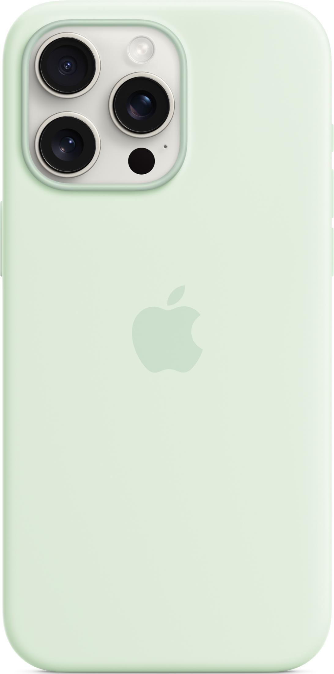 Hellgrüne iPhone-Hülle mit Apple-Logo auf der Rückseite und drei Kameralinsen.