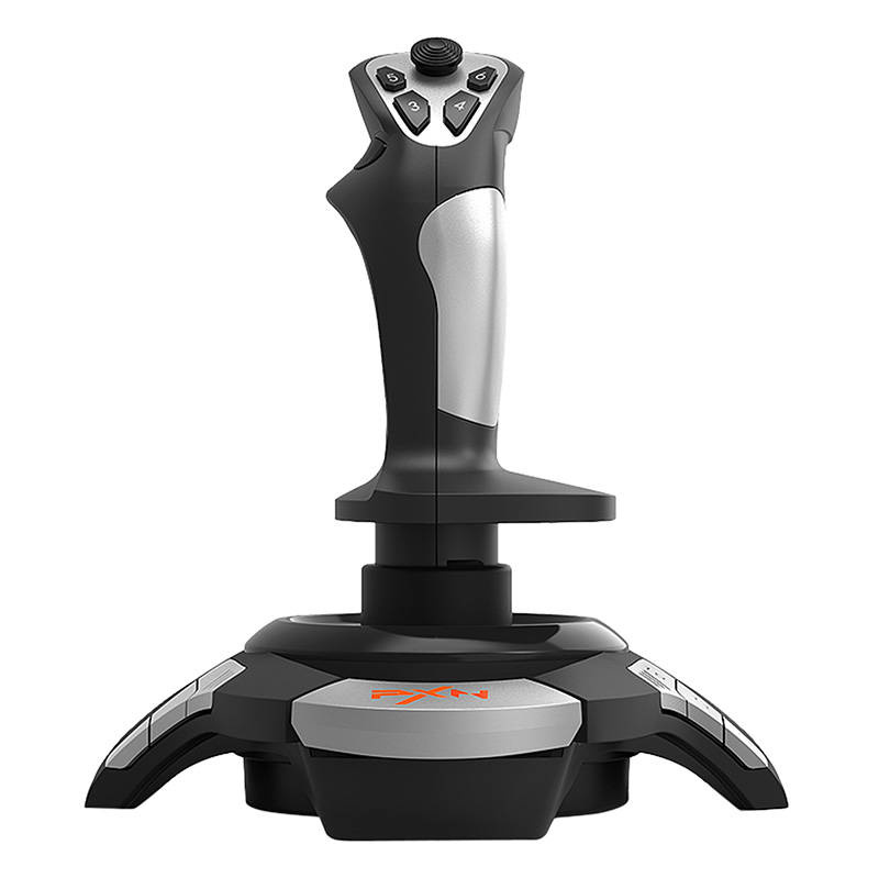 Un joystick da gioco nero e argento con più pulsanti e una base ampia su sfondo bianco.