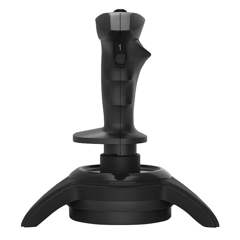Un joystick da gioco nero montato su una base con tre gambe curve.