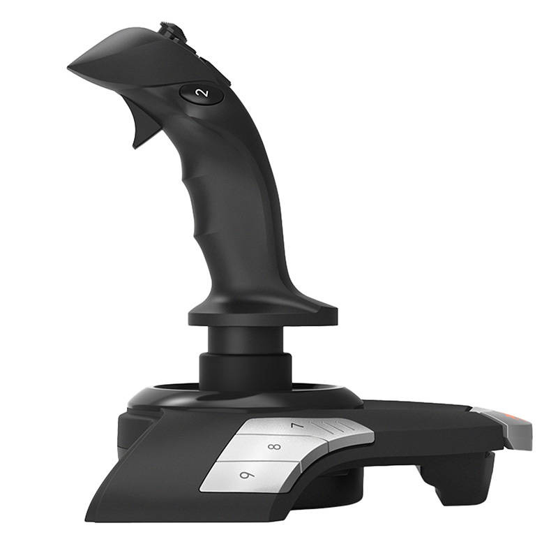 Joystick da gioco nero con pulsanti numerati e impugnatura ergonomica su sfondo bianco.