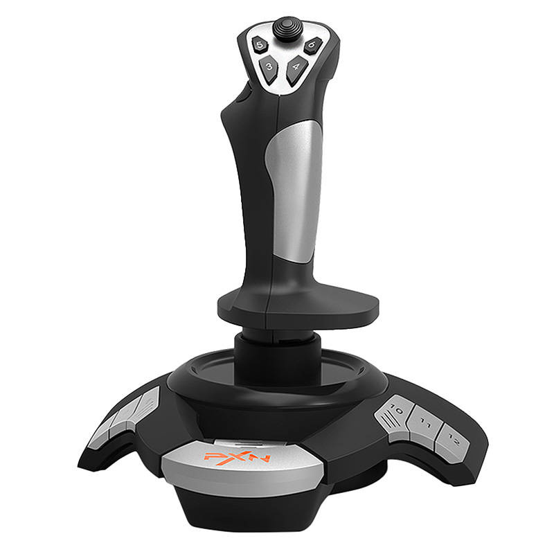 Un joystick da gioco nero e argento su sfondo bianco, con pulsanti numerati e impugnatura ergonomica.