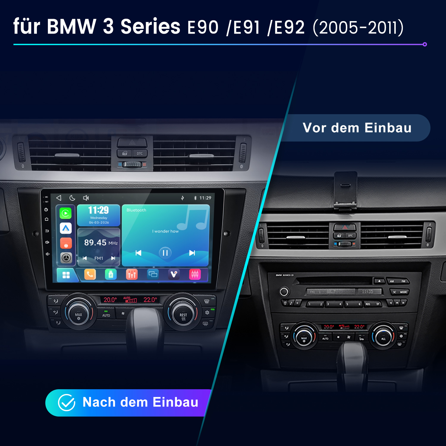 Vergleich von BMW 3er Armaturenbrett vor und nach dem Einbau eines Touchscreens.