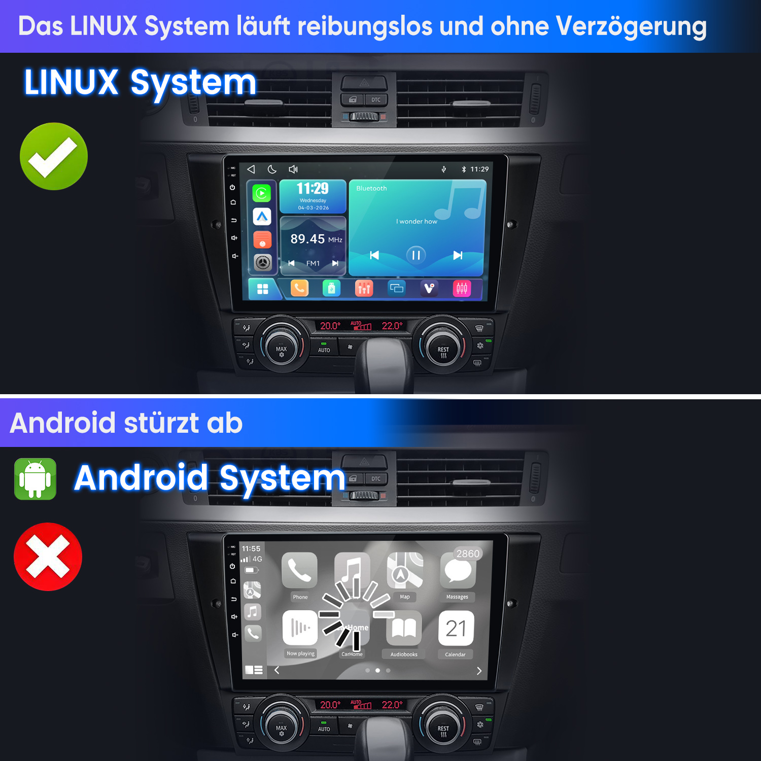 Vergleich mit flüssiger Linux-Autoradio-Oberfläche mit Haken und eingefrorenem Android-System mit rotem Kreuz.