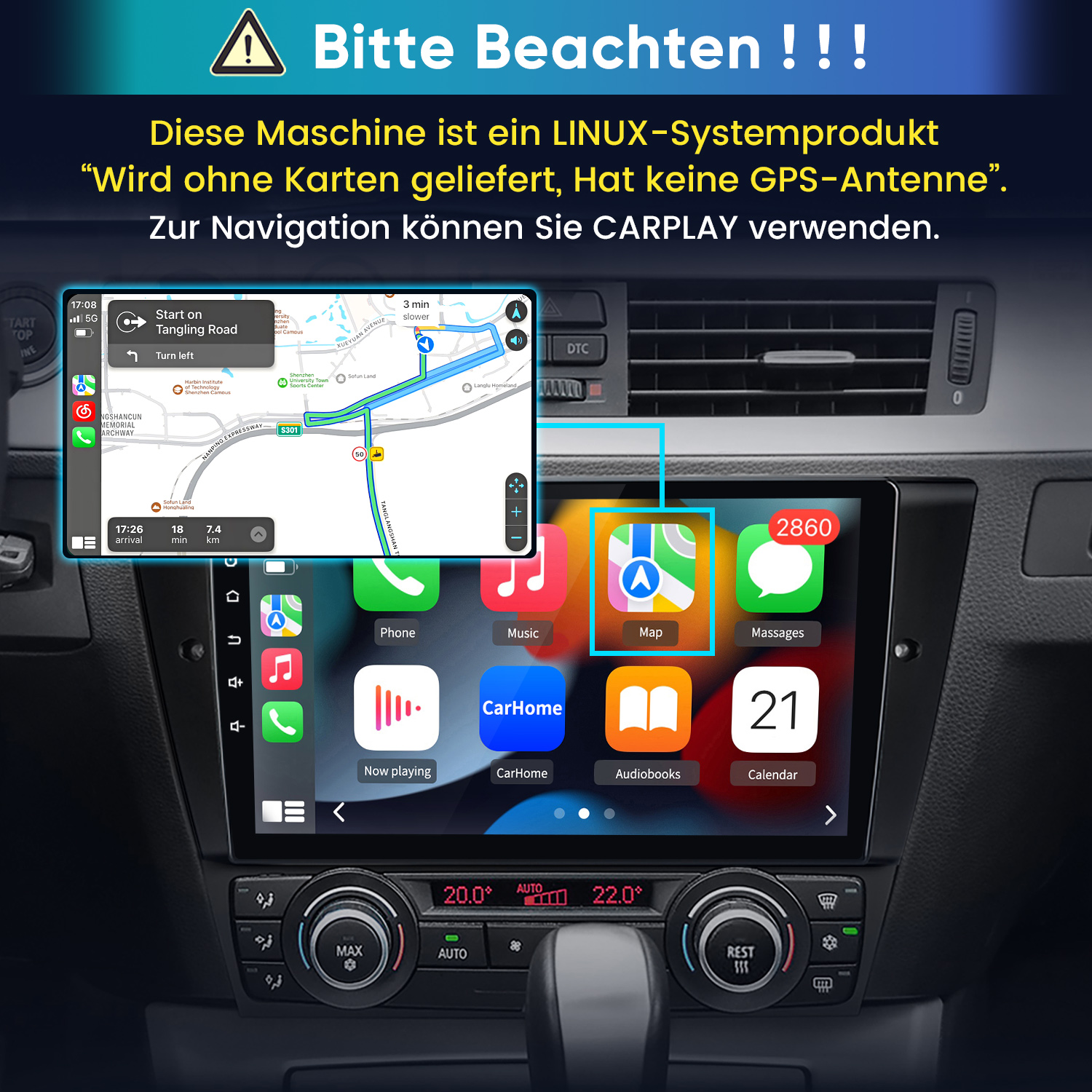 Ein Carplay-Bildschirm in einem Auto mit deutscher Warnung und Navi-Anzeige.