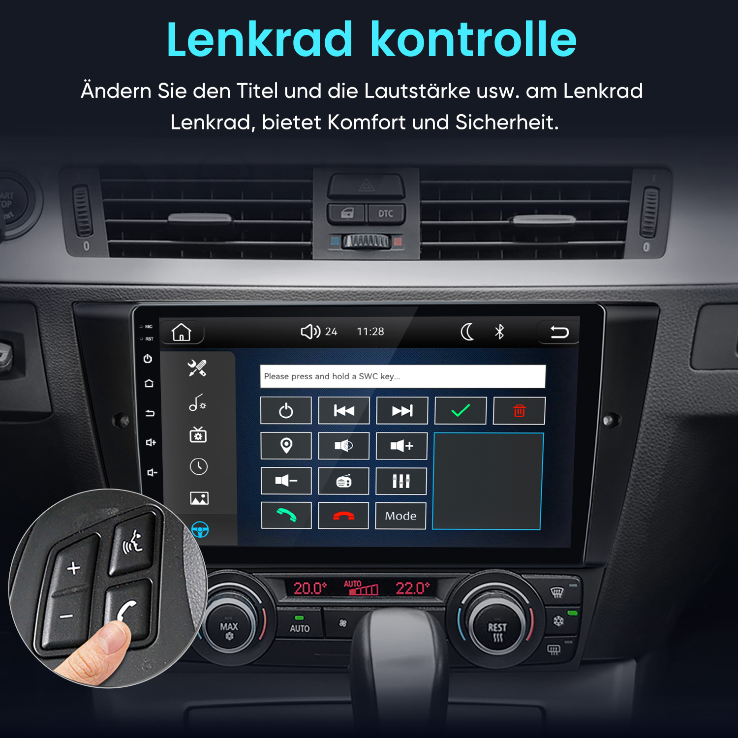 Autocockpit mit Touchscreen-Infotainmentdisplay und Lenkradfernbedienungs-Einstellungen.
